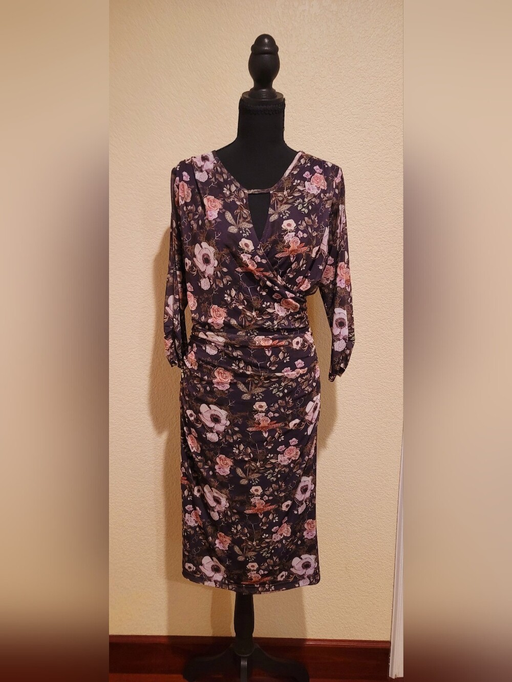 Betabrand Floral Midi Dress in Black and Pink